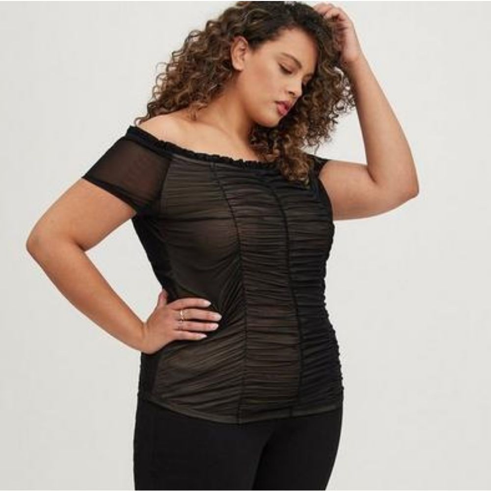 Torrid Black Ruched Off Shoulder Mesh Top Black Size 1X